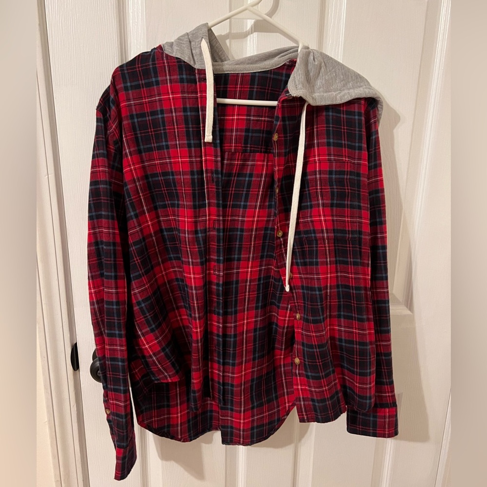 Plaid long sleeve with gray hood